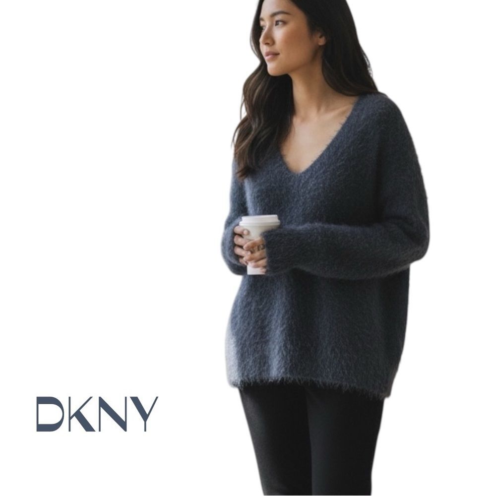 DKNY Blue V-Neck Fuzzy Long Sleeve Sweater Size M CozyCore